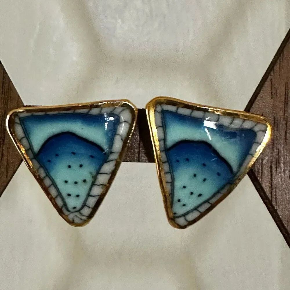 Blue hand painted ceramic triangle earrings